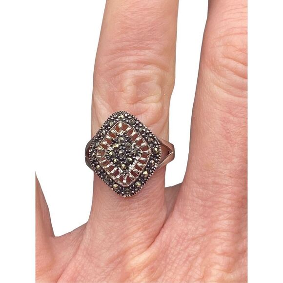 Sterling Silver 925 Marcasite black spinel ring open work weave size 7 - Picture 6 of 7